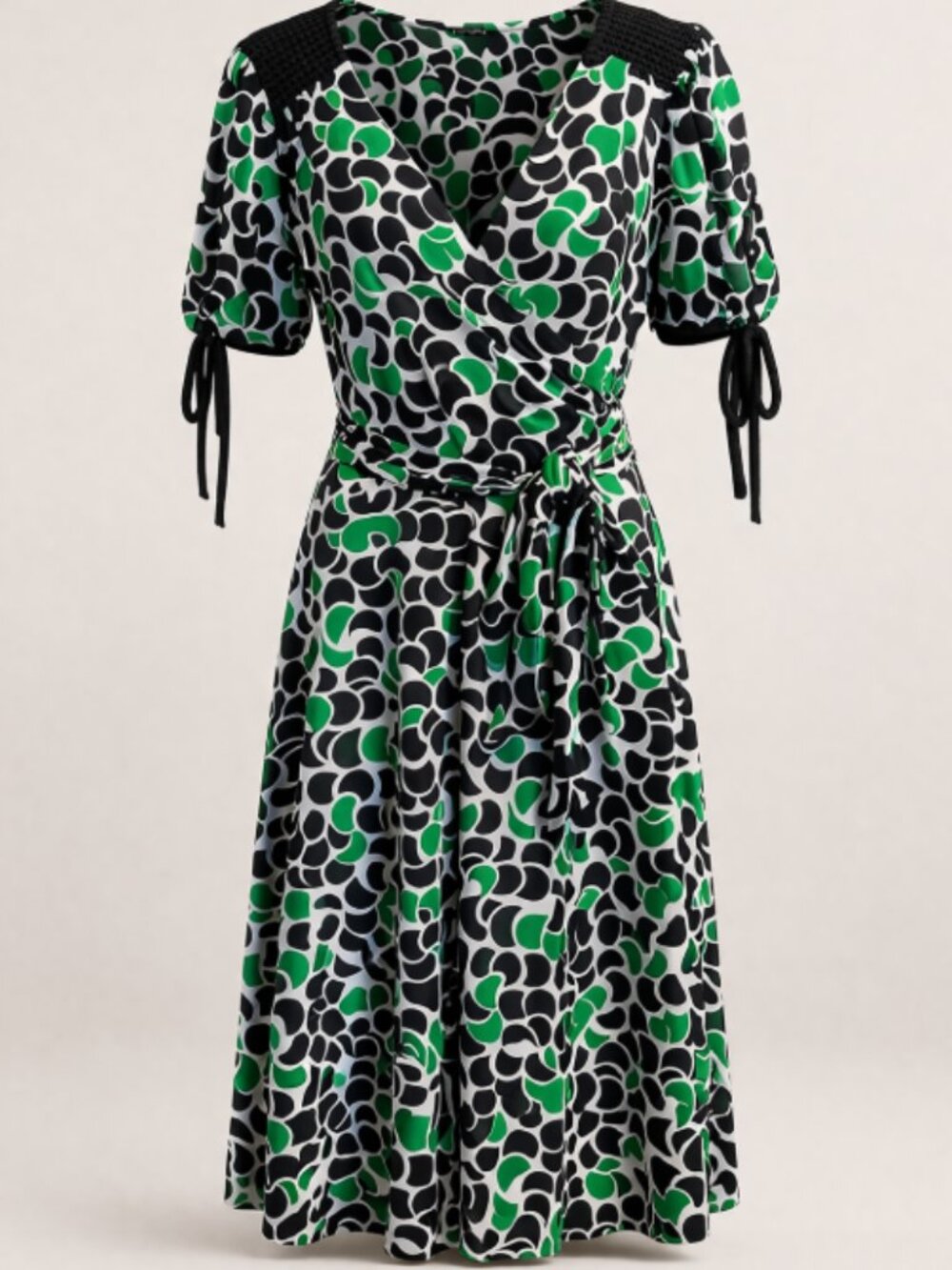 Donna Morgan Green Black Faux Wrap Midi Dress Geometric Print Puff Sleeve Belted